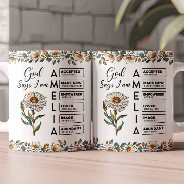 God Says I Am Name Letter In Bible With Stained Glass Birth Flower - Personalized Mug God Says I Am Name Letter In Bible With Stained Glass Birth Flower - Personalized Mug
