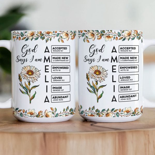 God Says I Am Name Letter In Bible With Stained Glass Birth Flower - Personalized Mug God Says I Am Name Letter In Bible With Stained Glass Birth Flower - Personalized Mug