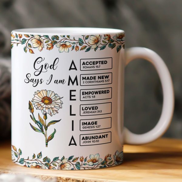God Says I Am Name Letter In Bible With Stained Glass Birth Flower - Personalized Mug God Says I Am Name Letter In Bible With Stained Glass Birth Flower - Personalized Mug