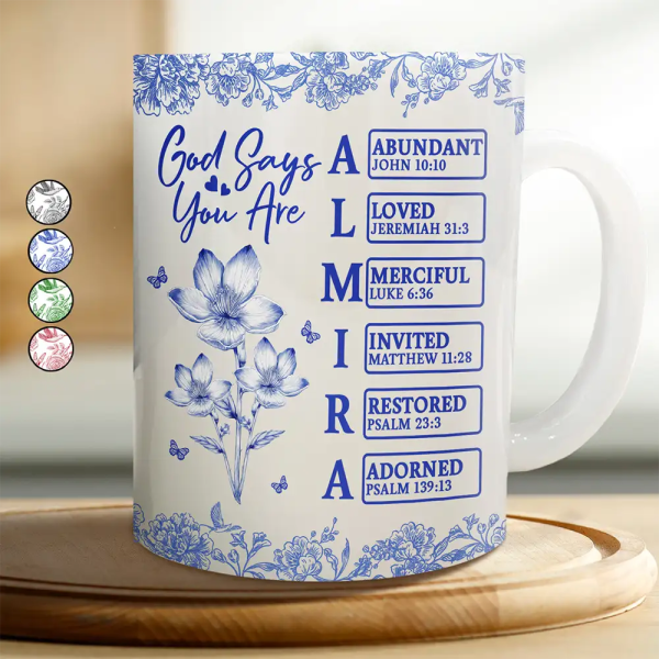 God Says I Am Toile De Jouy Flower - Personalized White Edge-to-Edge Mug God Says I Am Toile De Jouy Flower - Personalized White Edge-to-Edge Mug