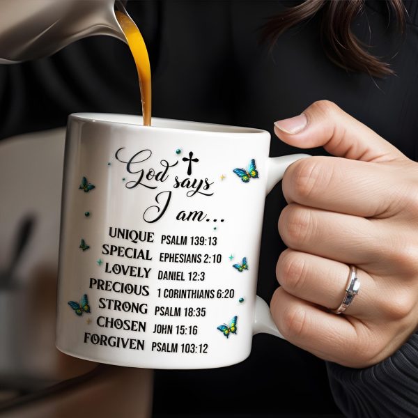God Says I Am UNIQUE, SPECIAL, LOVELY, Angel Wing and Butterflies - Personalized Custom Coffee Mug - FTH048_MG God Says I Am UNIQUE, SPECIAL, LOVELY, Angel Wing and Butterflies - Personalized Custom Coffee Mug - FTH048_MG