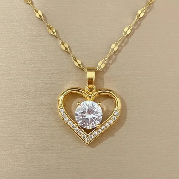 Golden Heart Pendant Necklace with Zircon Accent