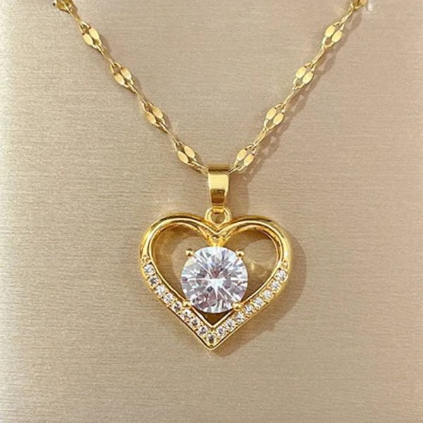 Golden Heart Pendant Necklace with Zircon Accent