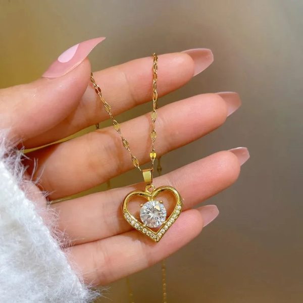 Golden Heart Pendant Necklace with Zircon Accent