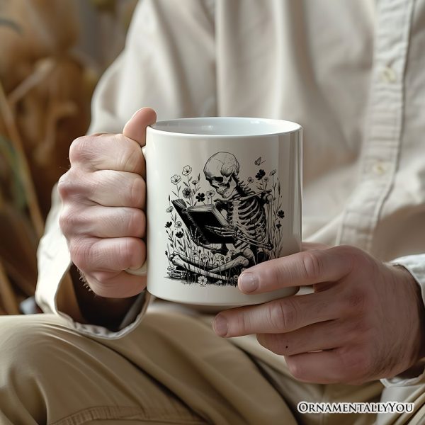 Gothic Reading Skeleton Personalized Mug, Floral Halloween Gift with Custom Name Gothic Reading Skeleton Personalized Mug, Floral Halloween Gift with Custom Name