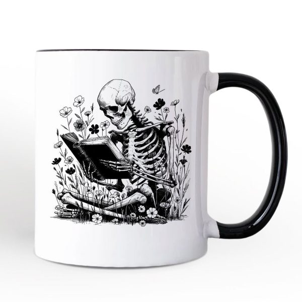 Gothic Reading Skeleton Personalized Mug, Floral Halloween Gift with Custom Name Gothic Reading Skeleton Personalized Mug, Floral Halloween Gift with Custom Name