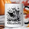 Gothic Reading Skeleton Personalized Mug, Floral Halloween Gift with Custom Name Gothic Reading Skeleton Personalized Mug, Floral Halloween Gift with Custom Name