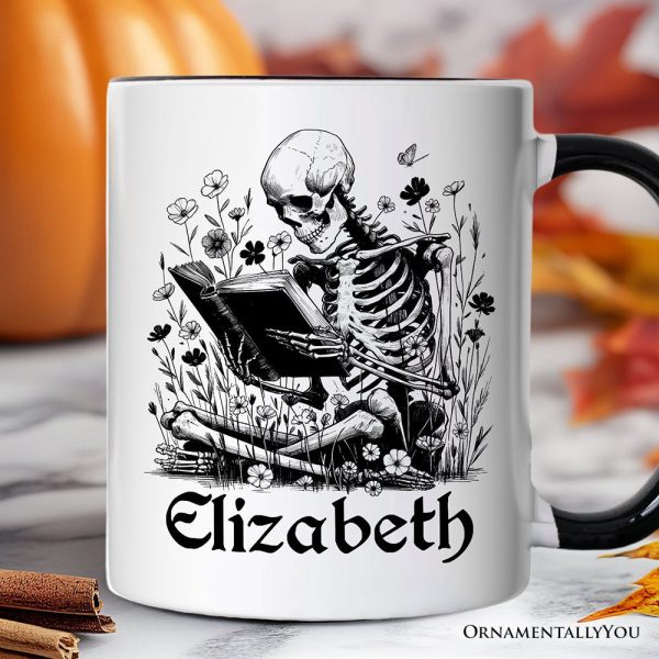 Gothic Reading Skeleton Personalized Mug, Floral Halloween Gift with Custom Name Gothic Reading Skeleton Personalized Mug, Floral Halloween Gift with Custom Name