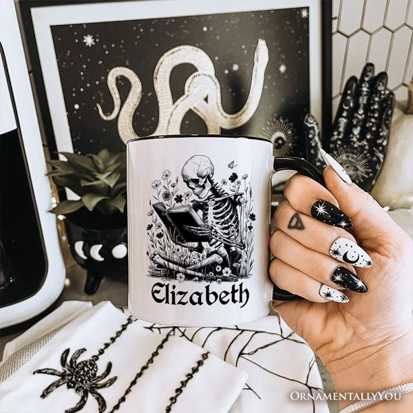 Gothic Reading Skeleton Personalized Mug, Floral Halloween Gift with Custom Name Gothic Reading Skeleton Personalized Mug, Floral Halloween Gift with Custom Name