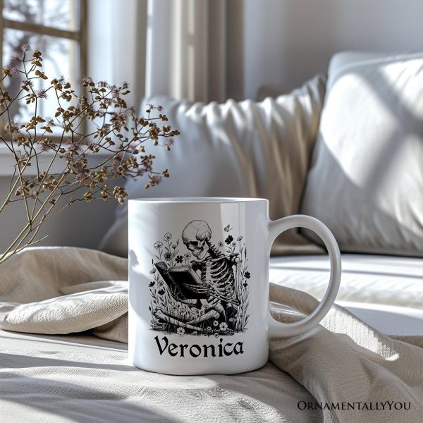 Gothic Reading Skeleton Personalized Mug, Floral Halloween Gift with Custom Name Gothic Reading Skeleton Personalized Mug, Floral Halloween Gift with Custom Name