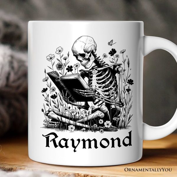 Gothic Reading Skeleton Personalized Mug, Floral Halloween Gift with Custom Name Gothic Reading Skeleton Personalized Mug, Floral Halloween Gift with Custom Name