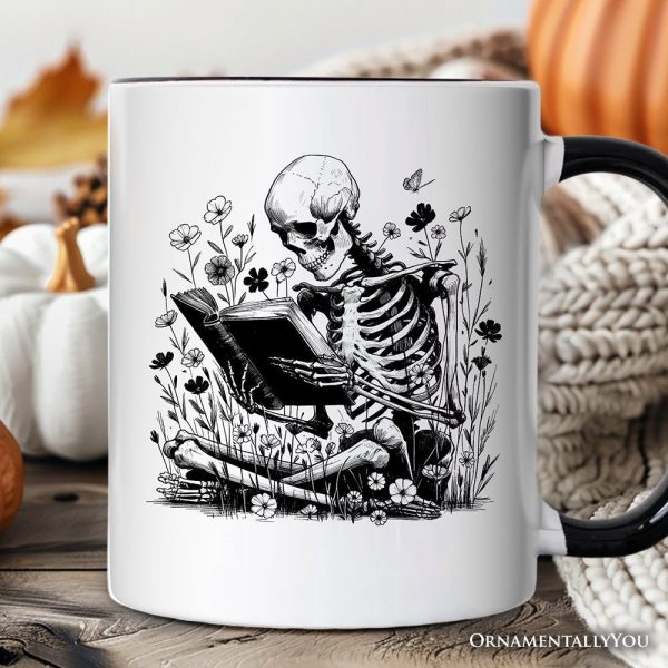 Gothic Reading Skeleton Personalized Mug, Floral Halloween Gift with Custom Name Gothic Reading Skeleton Personalized Mug, Floral Halloween Gift with Custom Name