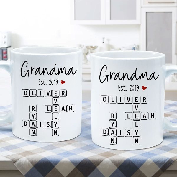 Grandma Mom Est. Crossword Puzzle Art Personalized Mug