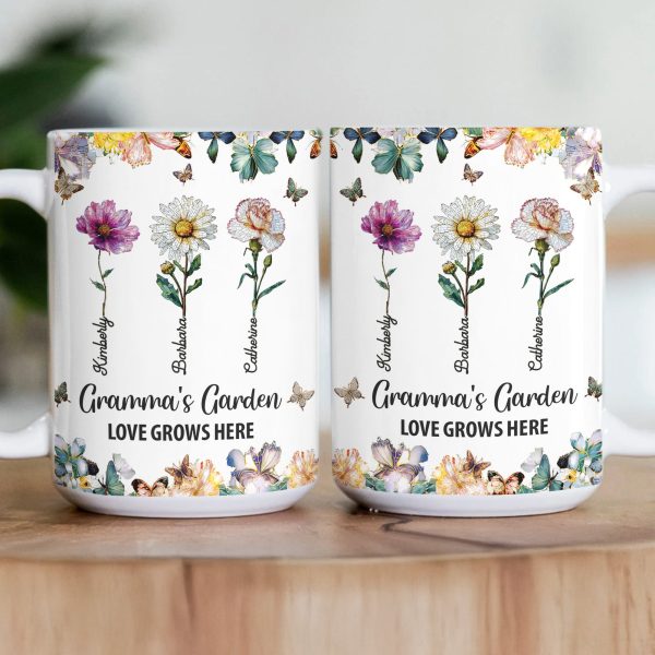 Grandma's Garden Love Grows Here Mosaic Birth Flower - Personalized Mug Grandma's Garden Love Grows Here Mosaic Birth Flower - Personalized Mug