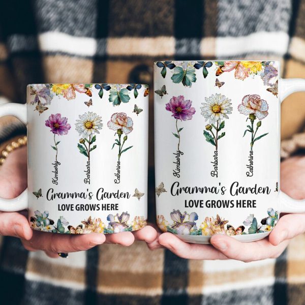 Grandma's Garden Love Grows Here Mosaic Birth Flower - Personalized Mug Grandma's Garden Love Grows Here Mosaic Birth Flower - Personalized Mug