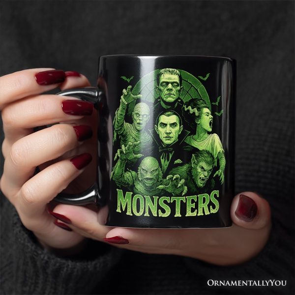 Green Retro Monsters Personalized Mug, Vintage Classic Horror Halloween Gift with Custom Name Green Retro Monsters Personalized Mug, Vintage Classic Horror Halloween Gift with Custom Name