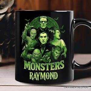 Green Retro Monsters Personalized Mug, Vintage Classic Horror Halloween Gift with Custom Name