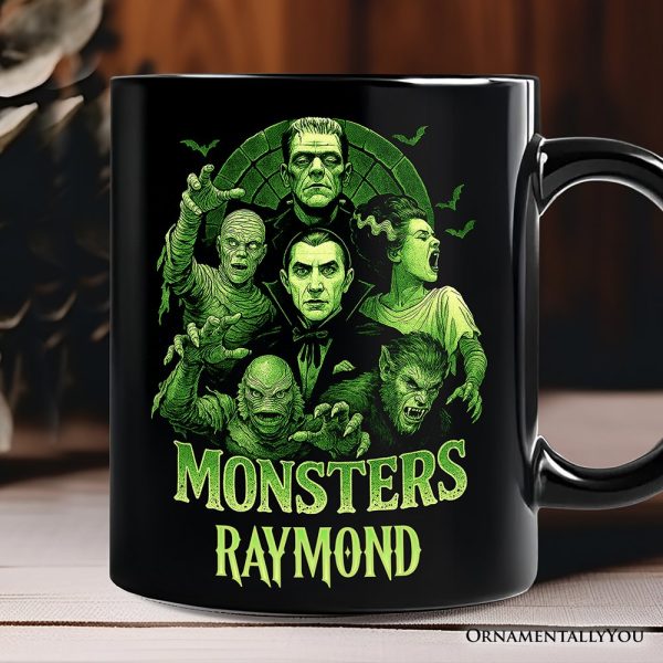 Green Retro Monsters Personalized Mug, Vintage Classic Horror Halloween Gift with Custom Name Green Retro Monsters Personalized Mug, Vintage Classic Horror Halloween Gift with Custom Name