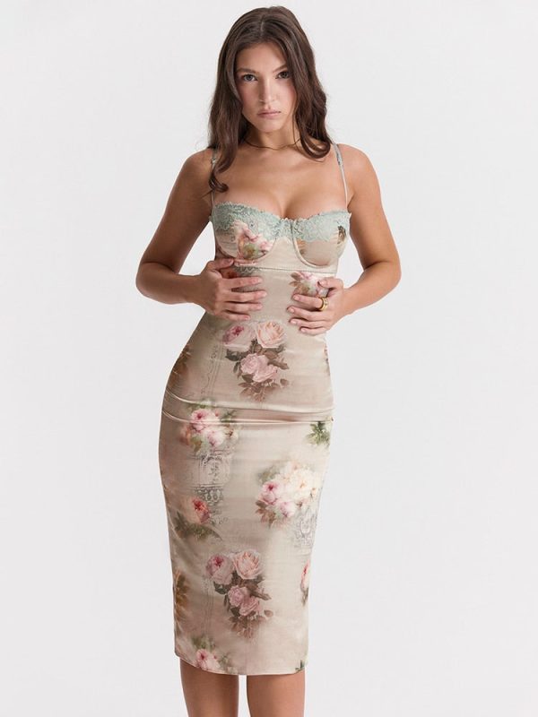 Green Satin Floral Print Bodycon Midi Dress Green Satin Floral Print Bodycon Midi Dress