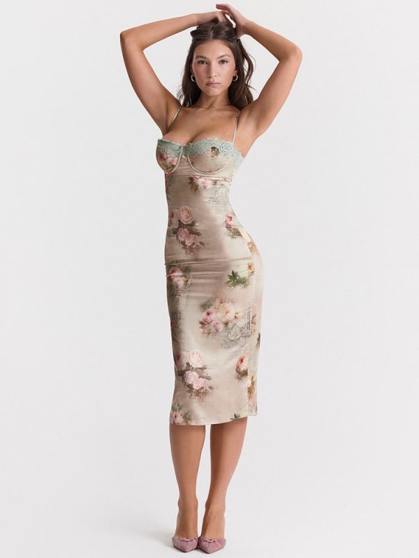 Green Satin Floral Print Bodycon Midi Dress Green Satin Floral Print Bodycon Midi Dress