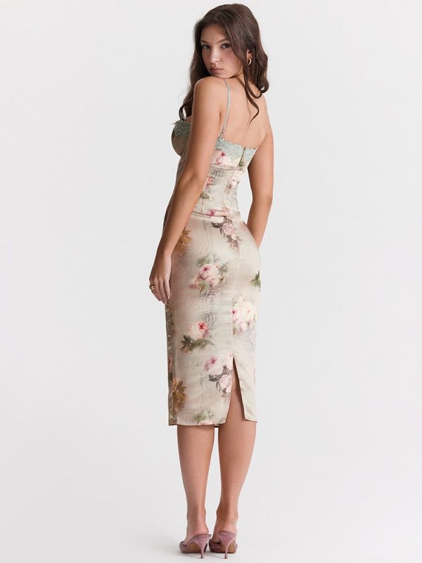 Green Satin Floral Print Bodycon Midi Dress Green Satin Floral Print Bodycon Midi Dress