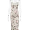 Green Satin Floral Print Bodycon Midi Dress Green Satin Floral Print Bodycon Midi Dress