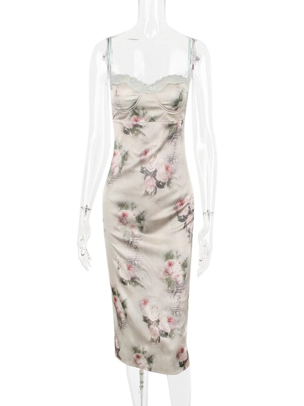 Green Satin Floral Print Bodycon Midi Dress Green Satin Floral Print Bodycon Midi Dress