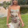 Green Satin Floral Print Bodycon Midi Dress Green Satin Floral Print Bodycon Midi Dress