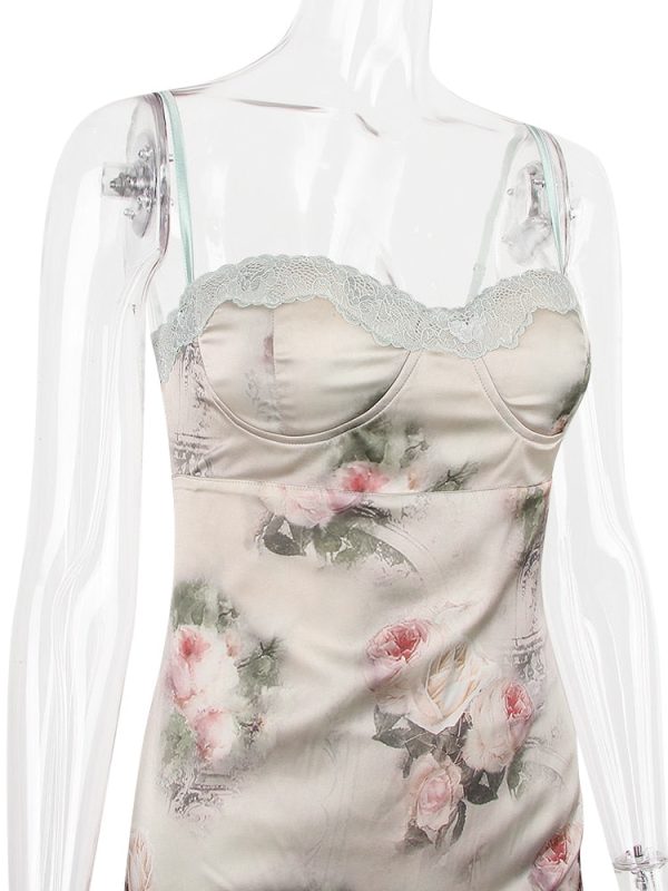 Green Satin Floral Print Bodycon Midi Dress Green Satin Floral Print Bodycon Midi Dress