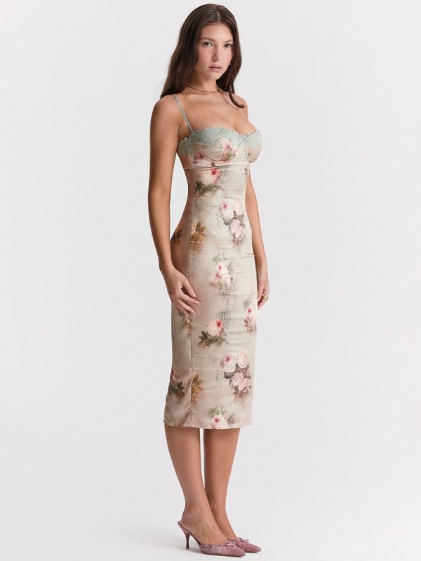 Green Satin Floral Print Bodycon Midi Dress Green Satin Floral Print Bodycon Midi Dress