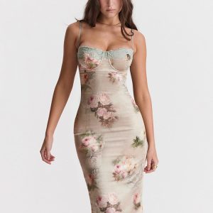 Green Satin Floral Print Bodycon Midi Dress