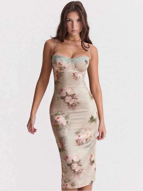 Green Satin Floral Print Bodycon Midi Dress Green Satin Floral Print Bodycon Midi Dress