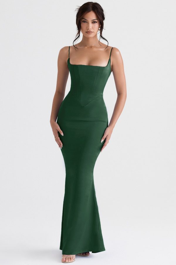 Green Satin Strappy Corset Maxi Dress Green Satin Strappy Corset Maxi Dress