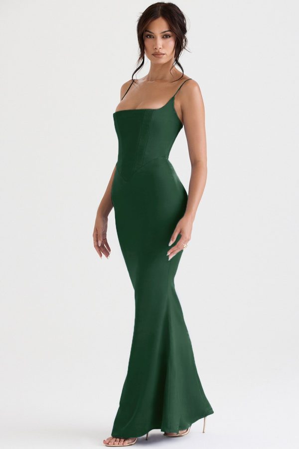 Green Satin Strappy Corset Maxi Dress Green Satin Strappy Corset Maxi Dress