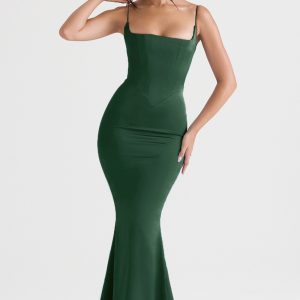 Green Satin Strappy Corset Maxi Dress