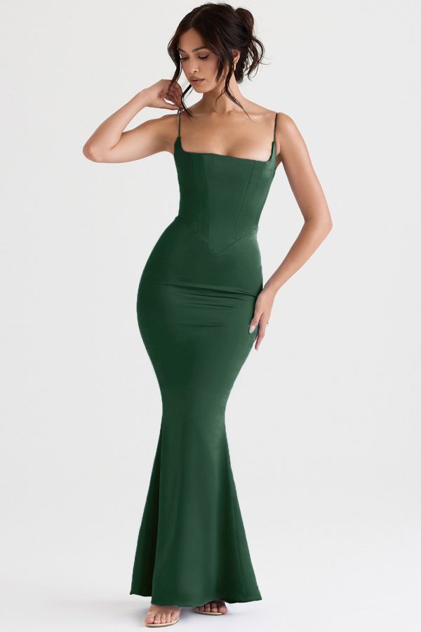 Green Satin Strappy Corset Maxi Dress Green Satin Strappy Corset Maxi Dress
