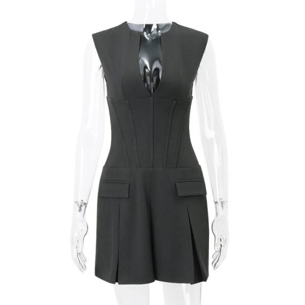 Grey Deep V-neck Sleeveless Pleated Mini Dress Grey Deep V-neck Sleeveless Pleated Mini Dress