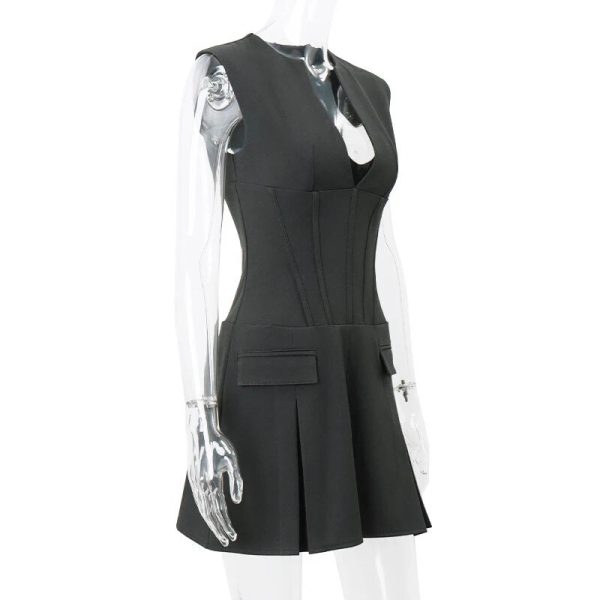 Grey Deep V-neck Sleeveless Pleated Mini Dress Grey Deep V-neck Sleeveless Pleated Mini Dress