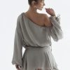 Grey Long Puff Sleeve Off-shoulder Mini Dress Grey Long Puff Sleeve Off-shoulder Mini Dress