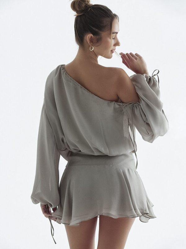 Grey Long Puff Sleeve Off-shoulder Mini Dress Grey Long Puff Sleeve Off-shoulder Mini Dress