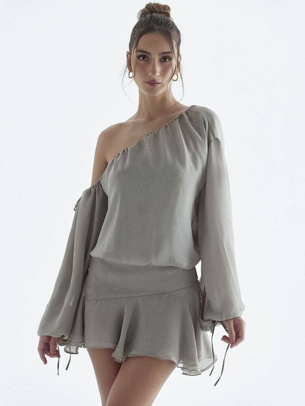 Grey Long Puff Sleeve Off-shoulder Mini Dress Grey Long Puff Sleeve Off-shoulder Mini Dress