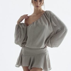 Grey Long Puff Sleeve Off-shoulder Mini Dress