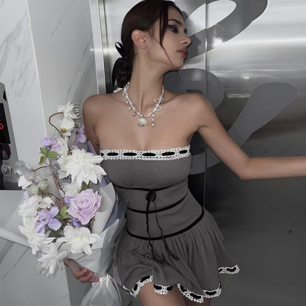 Grey Tube Lace Strap Mini Dress Grey Tube Lace Strap Mini Dress