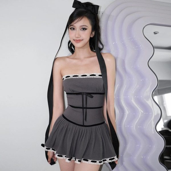Grey Tube Lace Strap Mini Dress Grey Tube Lace Strap Mini Dress
