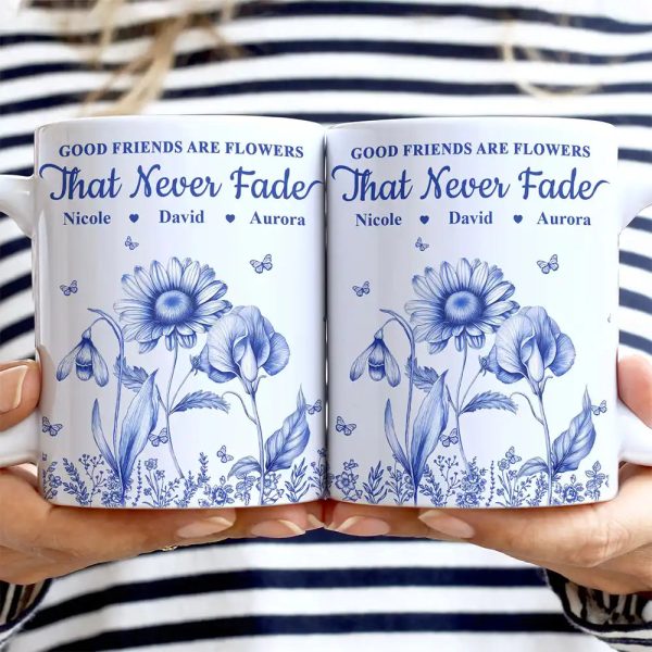 Grow An Old Friend Toile Birth Flower - Personalized White Edge-to-Edge Mug Grow An Old Friend Toile Birth Flower - Personalized White Edge-to-Edge Mug