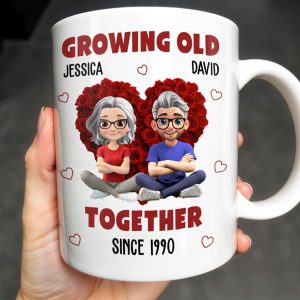 Growing Old Together Hearts and Cartoon Couple Design - Personalized Custom Coffee Mug - CPL996_MG