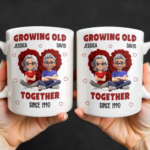 Growing Old Together Hearts and Cartoon Couple Design - Personalized Custom Coffee Mug - CPL996_MG Growing Old Together Hearts and Cartoon Couple Design - Personalized Custom Coffee Mug - CPL996_MG