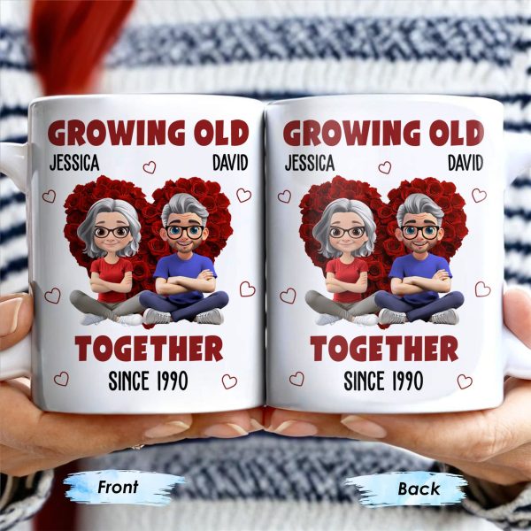 Growing Old Together Hearts and Cartoon Couple Design - Personalized Custom Coffee Mug - CPL996_MG Growing Old Together Hearts and Cartoon Couple Design - Personalized Custom Coffee Mug - CPL996_MG