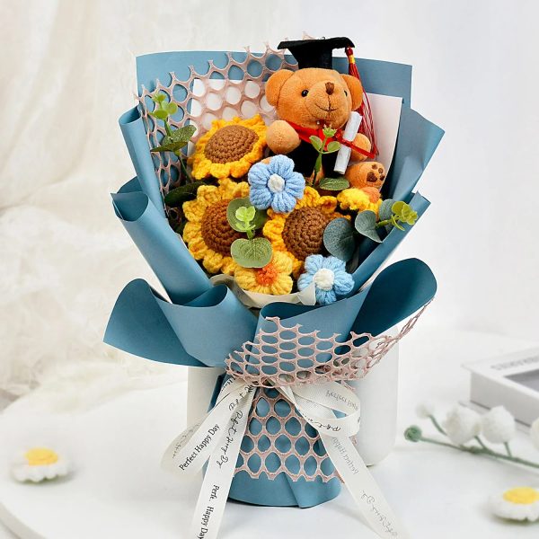 Handmade Crochet Flower Bouquet with Sunflower, Rose, and Bear – Gift for Graduation, Birthday, or Christmas Handmade Crochet Flower Bouquet with Sunflower, Rose, and Bear – Gift for Graduation, Birthday, or Christmas