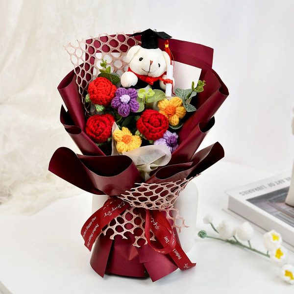 Handmade Crochet Flower Bouquet with Sunflower, Rose, and Bear – Gift for Graduation, Birthday, or Christmas Handmade Crochet Flower Bouquet with Sunflower, Rose, and Bear – Gift for Graduation, Birthday, or Christmas